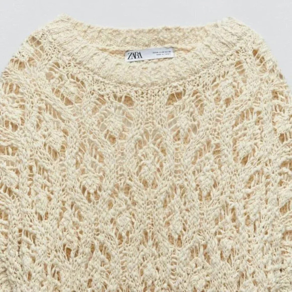 Zara Cotton  Pointelle Open Knit Sweater Ecru White NWT Size Small - Picture 3 of 9